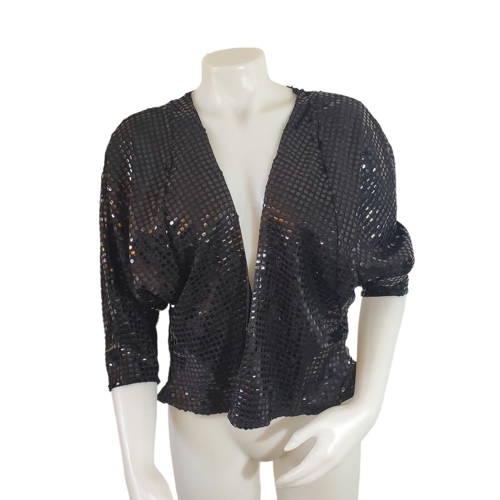 VINTAGE Dana Point Womens Black Sequin Bolero Jacket Size Medium Open Cardigan